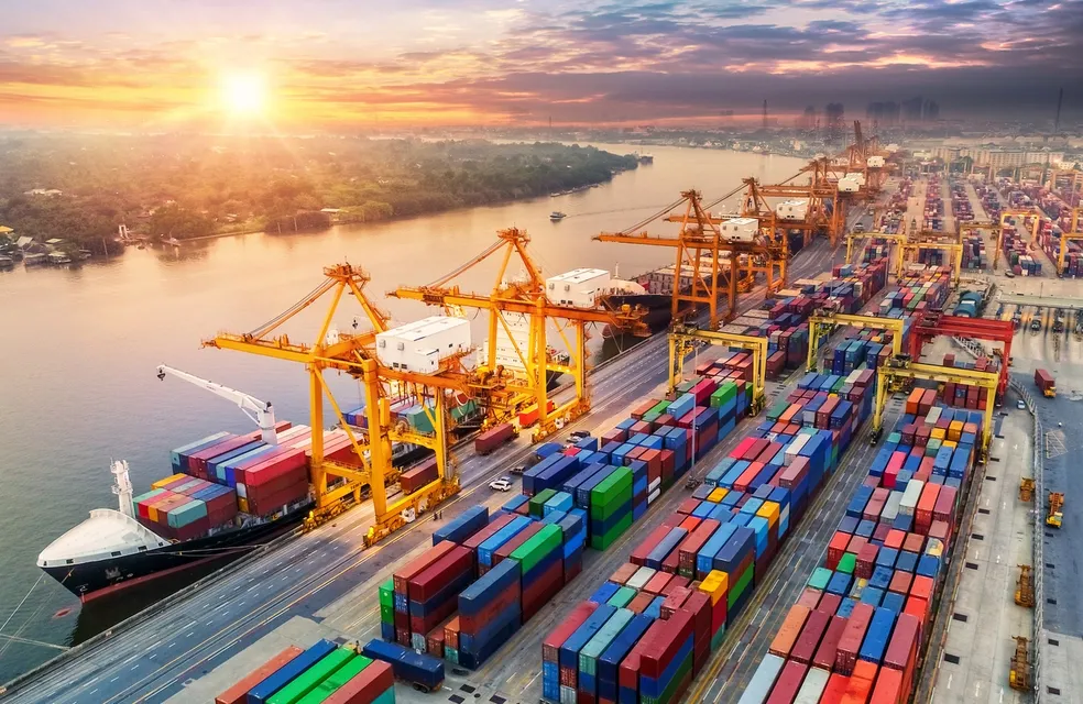 Cargo port shipping containers aerial view